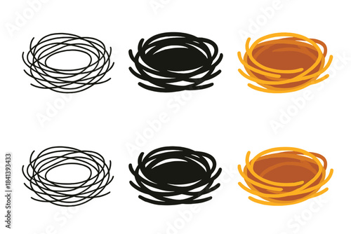 Abstract Bird Wire Nest. Curled iron wire forming a bird-like nest with detailed strands, abstract minimal vector design, first in