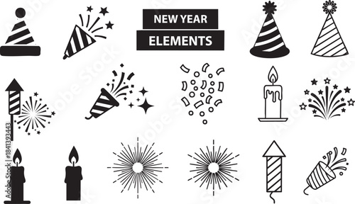 New year elements outline and solid icon set including party hats crackers fireworks and candles on transparent background