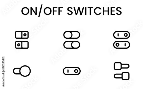 Modern on/off switch icon set featuring toggle buttons, power controls, UI switches and minimal interface elements designed for apps, web and dashboards.