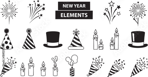 New year celebration elements collection featuring fireworks, party hats, candles, and confetti poppers