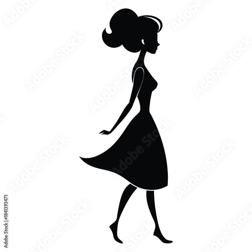 Walking Woman Silhouette Clipart – Profile View with Voluminous Hair and Knee-Length Dress