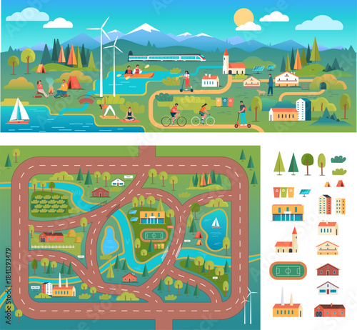 Set of maps and objects for children's game and illustration of a village with a panorama of mountains
