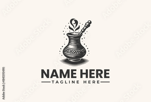 A black and white vector illustration of a mortar and pestle with a leafy design on a light background, featuring placeholder text for a logo or brand name.