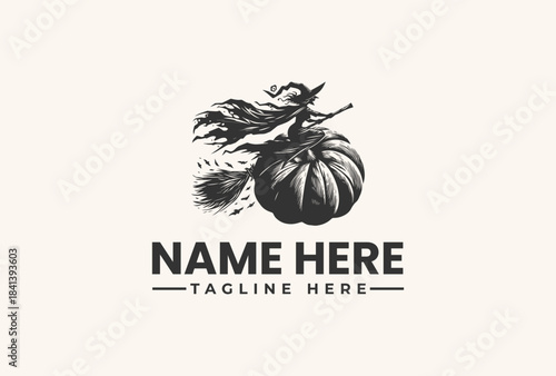 Black vector illustration of a witch flying on a broomstick over a pumpkin with a placeholder name and tagline on a beige background.