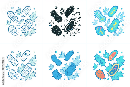 Colorful Ice Bacteria. Psychrophilic bacteria thriving on ice crystals, microscopic colony shapes adapted to cold, surrounded by