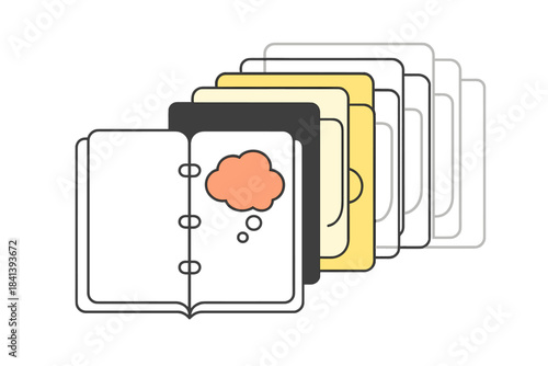 Parallel Realities Notebook. Open notebook with overlapping transparent pages representing parallel realities of thought,