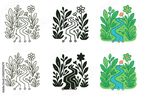 Botanical Circuit Pathway. Circuit board arranged like a botanical garden pathway, delicate balance between computation and