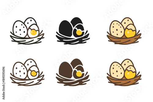 Quail Nest Icons. Quail nest icon with one egg slightly cracked to reveal soft yolk, symbolic of natural nourishment, first in