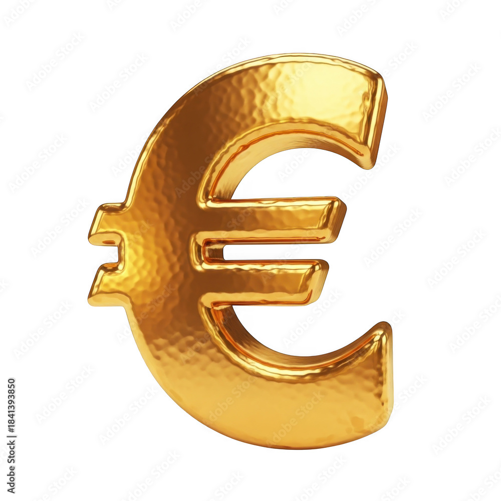 Obraz premium Hammered golden euro currency symbol, detailed metallic finance icon, wealth isolated on transparent background