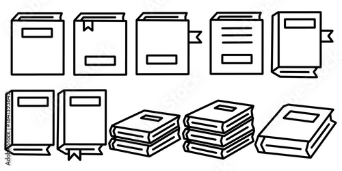Book outline icon set. Set of closed book and bookmark. Collection of education illustration for study reading and learning.