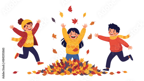 Three happy children playing in a pile of colorful autumn leaves on a
