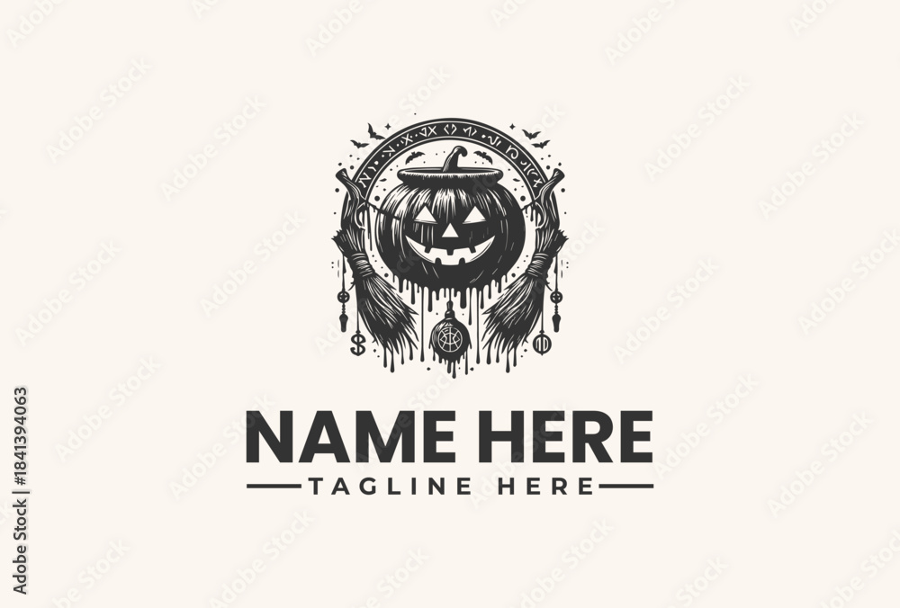 Fototapeta premium A black and white illustration of a jack-o-lantern logo with a spooky design on a beige background with placeholder text for a name and tagline in a vector style.