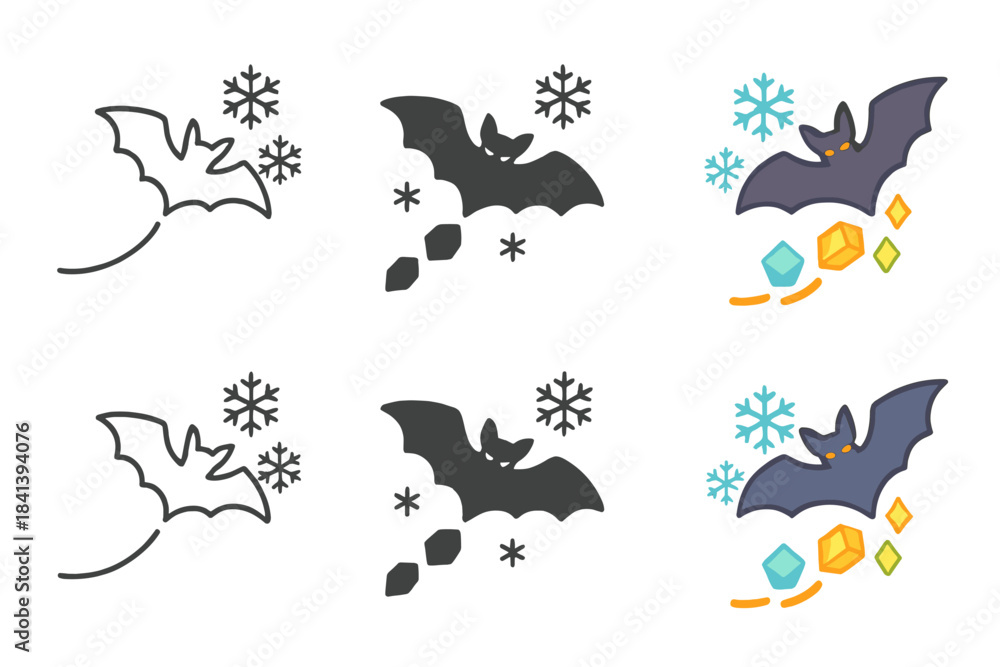 Obraz premium Bat's Gem Trail. Bat soaring through a cluster of snowflakes leaving behind a glowing gem trail, minimal vector composition, first