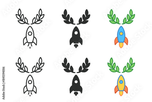 Leaf-Crowned Rocket Icon. Leaf crown floating above a small rocket silhouette ready for launch, symbolic clean vector icon series,