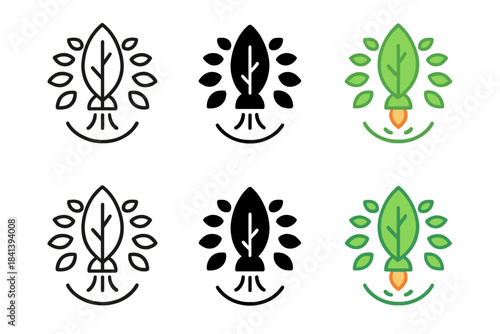 Leaf Rocket Icon Designs. Leaf-shaped rocket ascending with a circular crown of smaller leaves around, simple clean vector icons,