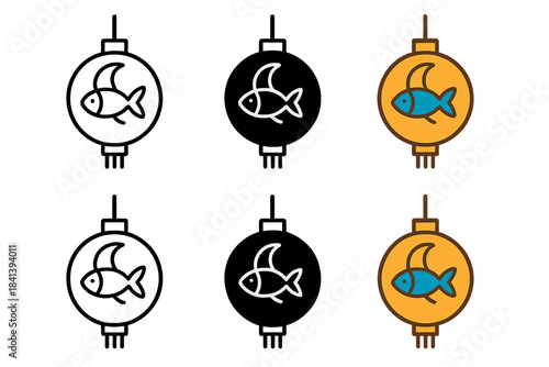 Lantern with Fish and Moon. Hanging lantern with fish and moon motifs interwoven in a circular frame, minimalist symbolic icons,