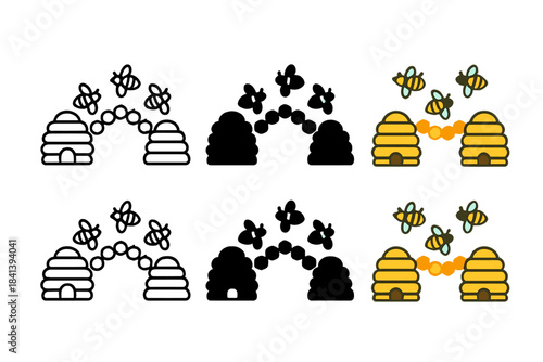 Bee Bridge Harmony. Honeycomb bridge spanning between two small hives with bees crossing, minimalist symbolic icons, first in line