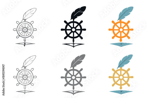 Feather Compass Shadow. Feather resting on top of a ship’s wheel casting a shadow like compass directions, minimal vector