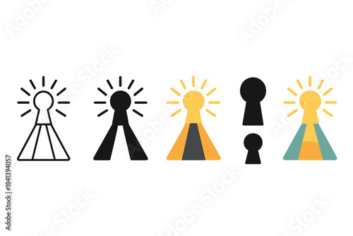 Path to Keyhole. Path leading to a distant keyhole framed by sunrise rays, minimalist symbolic icons, first in line style with