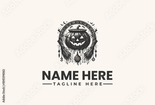 A black and white illustration of a jack-o-lantern logo with a spooky design on a beige background with placeholder text for a name and tagline in a vector style.
