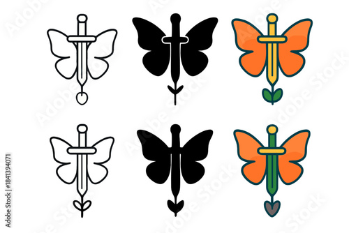Symbolic Sword-Seed Icons. Sword crossed with a stem ending in a seed and topped with butterfly wings, minimalist symbolic icons,