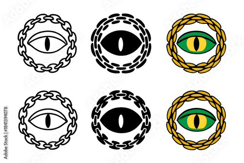 Dragon Eye Symbol. Eye of a dragon embedded in a circular chain ring, symbol of vigilance and power, simple clean vector icons,