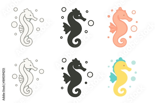 Stylized Seahorse Art. Seahorse Coral Bubble, stylized sea creature floating among abstract circles, calm and elegant, first in