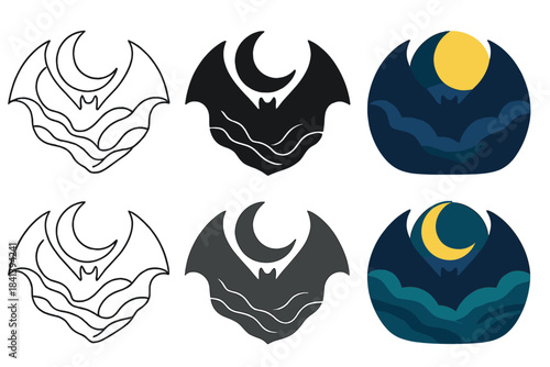 Bat Cave Moon. Bat Cave Moon, abstract night harmony blending bat wings, rocky curves, and moonlight glow, first in line style