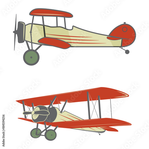 Vintage Biplane Clipart – Dual-Wing Aircraft in Red and Beige with Green Wheels, Two Styles