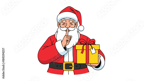 Santa claus holding a gift and making a shh gesture on with a thoughtful expression on his face quietly