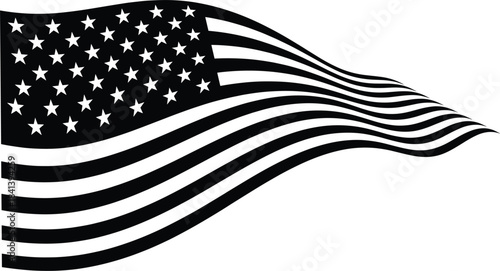 Monochromatic distressed vector illustration of the American flag waving with strong motion blur and distortion, perfect for grunge designs, protest themes, and artistic graphics.