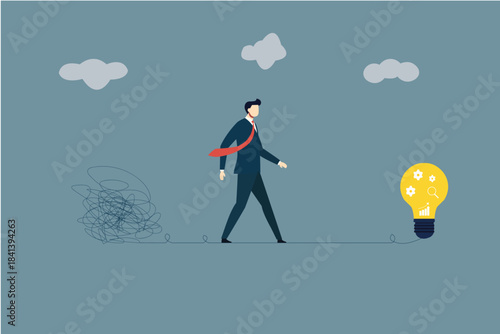 Businessman Walking from Chaos to Lightbulb: Corporate Problem Solving and Simplifying Complexity Concept