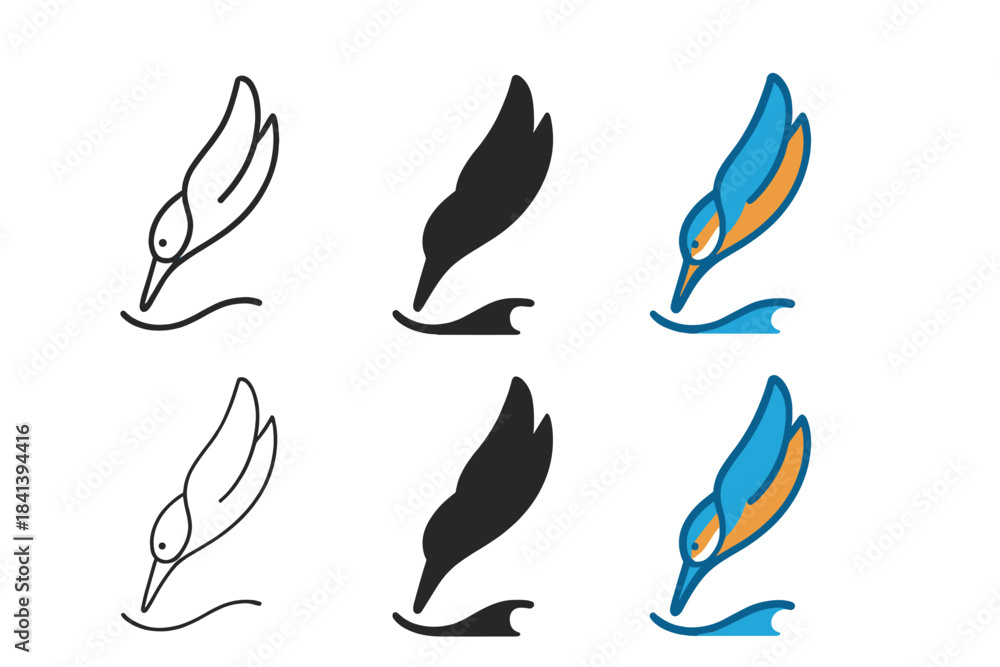 Fototapeta premium Kingfisher Dive Styles. Kingfisher River Dive, minimalist aquatic emblem symbolizing precision, motion, and vibrant focus, first