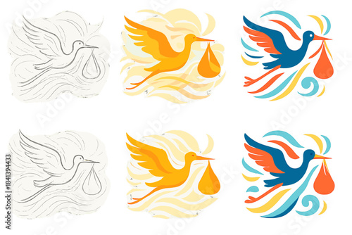 Stork Bundle Flight. Stork Bundle Delivery, abstract flight harmony blending movement, light, and the symbolism of care, first in