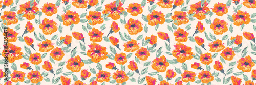 Seamless floral vector pattern with expressive colorful blossoms, green leaves, and painterly brush strokes on a light background. Template for textiles, stationery, packaging, and summer designs