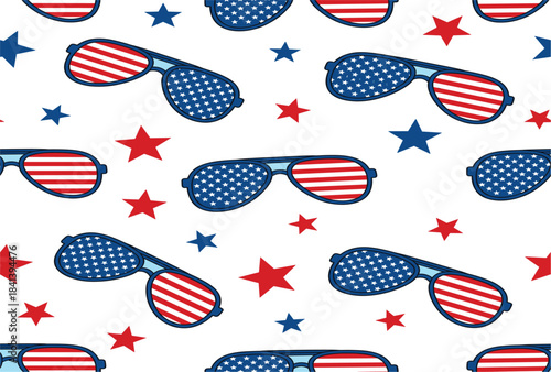 Seamless vector pattern featuring trendy sunglasses and scattered stars decorated with the American flag design in patriotic red, white, and blue colors for summer holiday backgrounds.