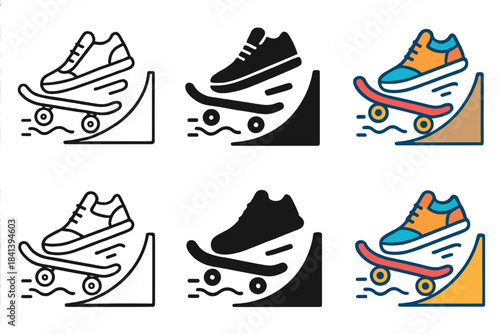 Skateboard Shoe Artistry. Skateboard Park Shoe, energetic urban icon showing a skateboard rolling near a ramp with a shoe