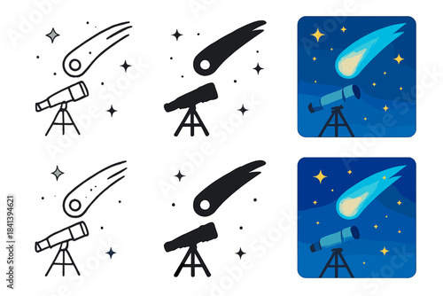 Telescope and Glowing Comet. Telescope pointed toward a glowing comet tail, stars scattered in background, first in line style