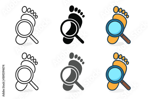 Footprint Under Magnifying Glass. Magnifying glass hovering over single footprint, faint shadow and circular focus glow, first in