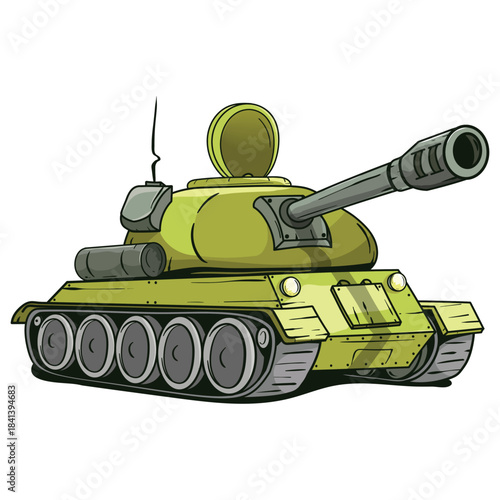 Old Soviet T-34 heavy tank model with a powerful main cannon, armored vehicle used by Russian military forces in battle, isolated on a green background