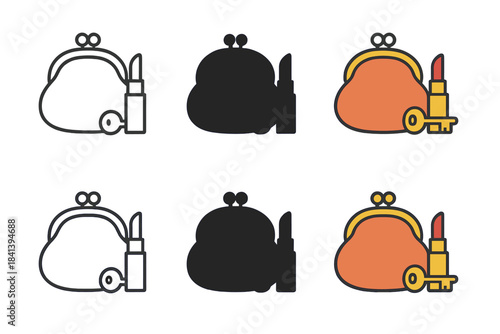 Stylish Purse Evolution. Small purse with lipstick tube and key placed beside, elegant rounded form, first in line style with thin