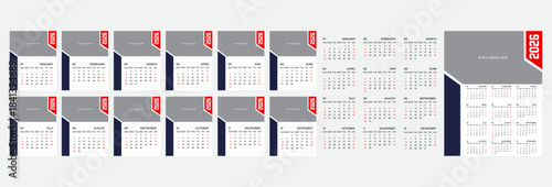 twelve pages 2026 Minimal Wall Calendar Template with photo placement section