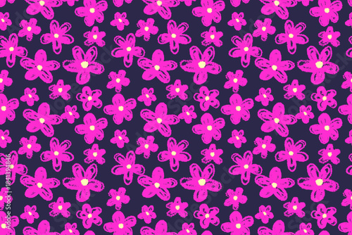 Playful seamless vector pattern of hand drawn pink flowers with centers on a deep background. Ideal for kids’ products, fabric, stationery, designs prints