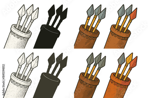 Detailed Arrow Tips. Close-up quiver showing detailed arrow tips and leather stitching, organic texture focus, first in line style