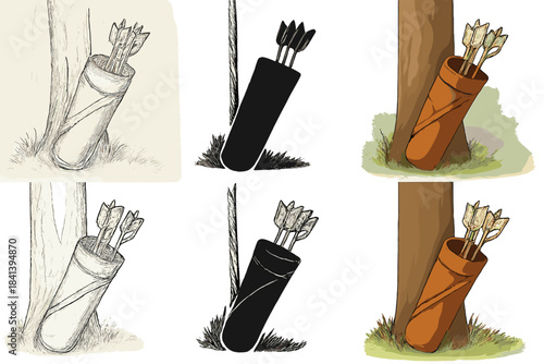 Colorful Quiver Styles. Leather quiver filled with arrows resting against tree trunk, soft forest backdrop, first in line style