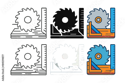 Saw and Tools Layout. Saw blade lying beside measuring tools on wooden bench, geometric balanced layout, first in line style with
