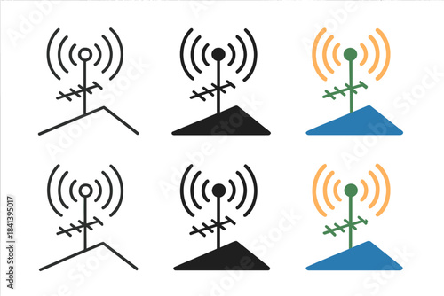 Radiant Rooftop Signals. Radio wave signals radiating from a rooftop antenna, first in line style with thin outline, second in