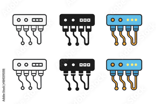 Stylized Network Hub. Network hub with blinking indicator lights and cables, first in line style with thin outline, second in