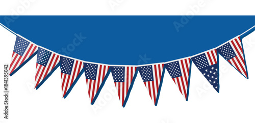 Vector illustration of triangular American flag bunting or string pennants hanging from a curved blue banner shape, perfect for patriotic decorations and festive designs.