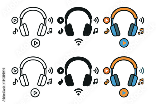 Headphone Icon Evolution. Wireless headphones with music streaming icons surrounding, first in line style with thin outline,